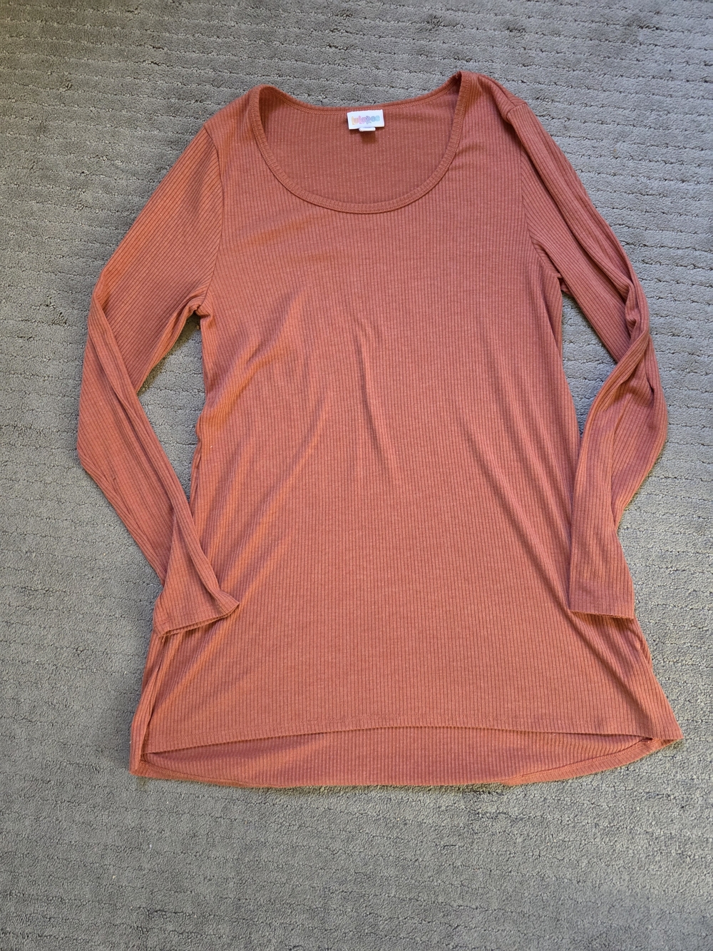LuLaRoe Ribbed Long Sleeve Scoop Neck Top in Coral Rust